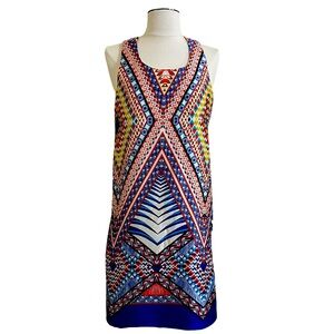 BISOU BISOU Blue White Yellow Geometric Scarf Print Racerback Dress Size 8